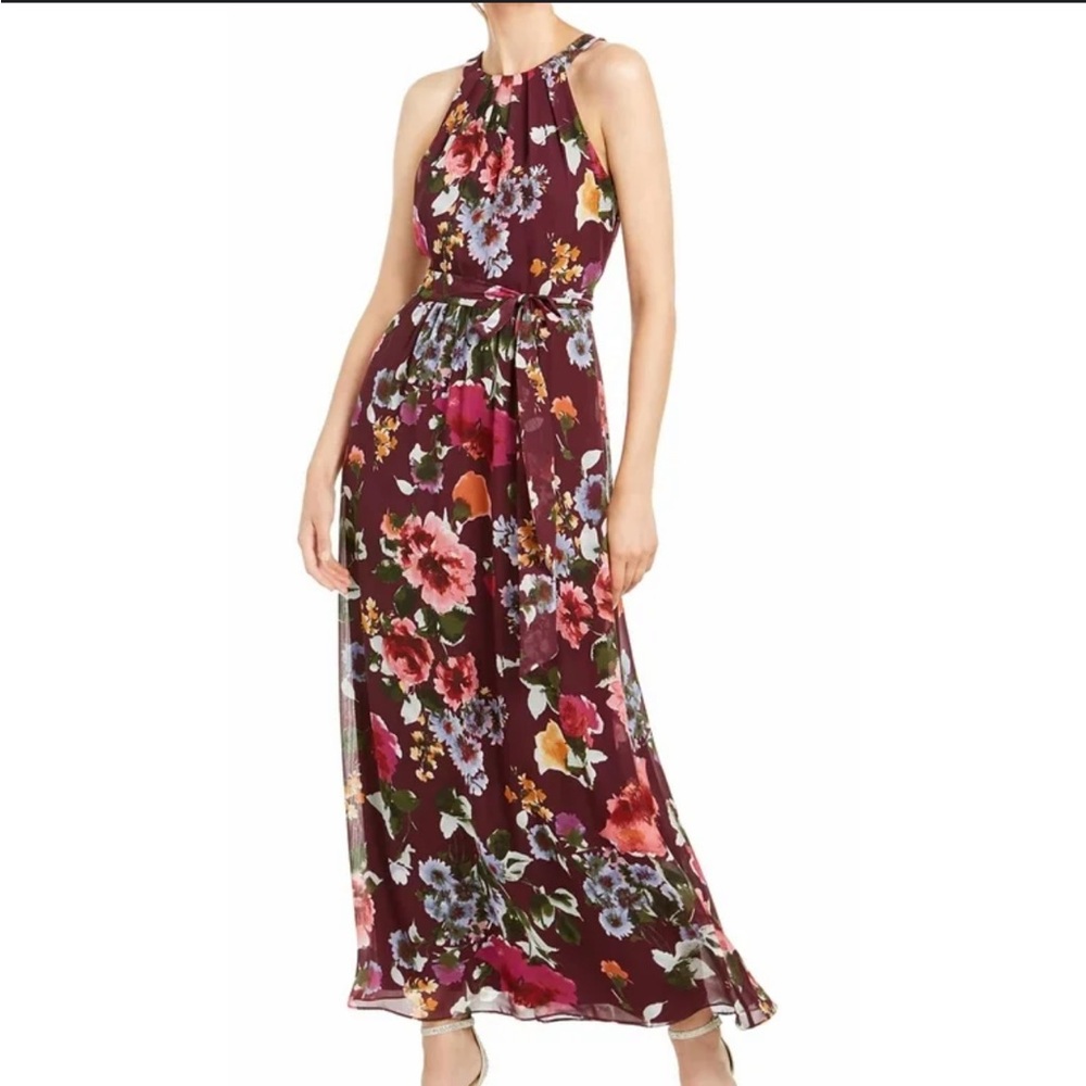 SLNY Maxi Dress Women’s Halter Chiffon Floral Burgundy Purple Side Pockets Sz 10